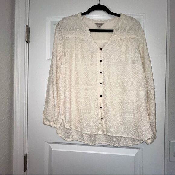Lucky Brand Lace Textured Long Sleeve Loop Button Front Blouse Top - Picture 1 of 7